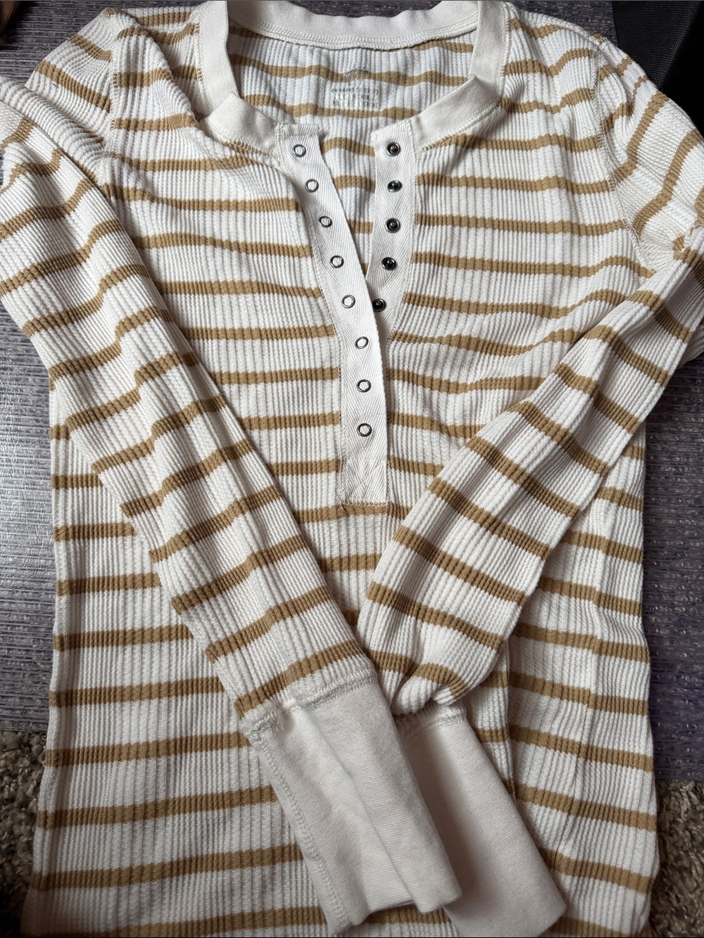 Striped Knit Henley Sweater in Cream and Tan